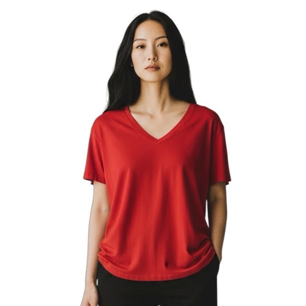 CLOTH & STONE from Anthropologie Vibrant Red V-Neck Top Hi/Low Cut Size Large